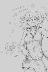  2021 2:3 anthro bottomwear breasts canid chimiko clothing cute_fangs dialogue digital_media_(artwork) duo english_text eyewear felid female hair hand_in_pocket hawtmoon hi_res hoodie maku_(maku450) mammal money monochrome open_mouth pockets skirt smile sunglasses text topwear trash_can 