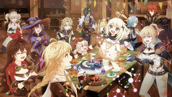  4boys 6+girls aether_(genshin_impact) ahoge albedo_(genshin_impact) amber_(genshin_impact) barbara_(genshin_impact) bare_shoulders birthday birthday_cake bow braid breasts cabbie_hat cake camera capelet chair chicken-mushroom_skewer_(genshin_impact) cleavage clover_print commentary_request confetti detached_collar detached_sleeves diluc_(genshin_impact) drill_hair eula_(genshin_impact) eyepatch eyes_visible_through_hair floating food fur_scarf gelatin genshin_impact goggles goggles_around_neck habit hair_between_eyes hair_ribbon hairband hairbow halo hat holding holding_camera jean_(genshin_impact) kaeya_(genshin_impact) klee_(genshin_impact) long_hair looking_at_viewer low_ponytail low_twintails mechanical_halo mona_(genshin_impact) multiple_boys multiple_girls nun nurse_cap paimon_(genshin_impact) party pizza pointy_ears ponytail ribbon romper rosaria_(genshin_impact) satisfying_salad_(genshin_impact) scarf short_hair sidelocks single_braid sticky_honey_roast_(genshin_impact) sweet_madame_(genshin_impact) sylvia_m table tavern twin_drills twintails white_romper witch_hat wolfhook_juice_(genshin_impact) 