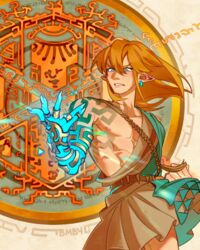  abstract_background blonde_hair clothing confusion cross cybernetic_limb ear_piercing eustasss glowing hair hi_res humanoid humanoid_pointy_ears hylian link nintendo not_furry occult_symbol piercing rauru&#039;s_arm sigil signature symbol tears_of_the_kingdom the_legend_of_zelda toga zonai_clothing 