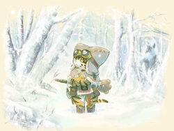  4:3 4_fingers anthro black_stripes blush boots capcom claws clothed clothing eyewear felid felyne fingers footwear forest fur goggles green_eyes hat headgear headwear kemono looking_away lynian mammal monster_hunter multicolored_body multicolored_fur open_mouth outside palico pantherine plant snow solo stick stripes tatotake_mono tiger tree vignette white_body white_fur yellow_body yellow_fur 