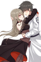  1boy absurdres arms_around_neck arms_around_waist bare_shoulders black_dress blush brown_hair captain_(honkai_impact) chinese_commentary closed_eyes coat commentary_request dress eyebrows female formal highres honkai_(series) honkai_impact_3rd long_hair long_sleeves mole mole_under_eye purple_eyes rita_rossweisse ruo_zhishi_chu_jian short_hair simple_background smile wedding_dress white_background white_coat 