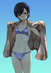  bikini black_hair blue_bikini breasts female fujisawa_takashi gradient_background highres medium_breasts navel original shade short_hair smile solo swimsuit towel wet 