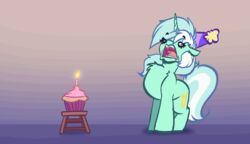  2022 animated blowing cake candle clothing cutie_mark dessert equid equine female feral food friendship_is_magic fur green_body green_fur green_hair hair hasbro hat headgear headwear horn lyra_heartstrings_(mlp) mammal multicolored_hair my_little_pony mythological_creature mythological_equine mythology party_hat short_playtime solo tricked two_tone_hair unicorn white_hair witchtaunter 