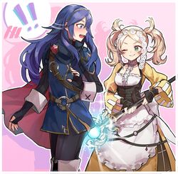  2girls absurdres aunt_and_niece blonde_hair blue_eyes blue_hair blush cape dress fingerless_gloves fire_emblem fire_emblem_awakening gloves hair_between_eyes hair_ornament highres lissa_(fire_emblem) long_hair lucina_(fire_emblem) multiple_girls open_mouth short_twintails smile staff tiara twintails yunare 