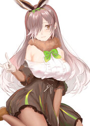  \n/ animal_ears bare_shoulders bow bow_hairband bowtie breasts brown_eyes brown_gloves brown_hair brown_pantyhose brown_skirt buttons center_frills chicha_(chi_cha_rigbo) closed_mouth commentary covered_nipples dutch_angle elbow_gloves european_hare_(kemono_friends) extra_ears female frills fur_collar fur_trim furrowed_brow gloves green_bow green_bowtie hair_over_one_eye hairband hand_up high-waist_skirt highres kemono_friends large_breasts light_smile lips long_bangs long_hair looking_at_viewer multicolored_hair off-shoulder_shirt off_shoulder pantyhose rabbit_ears shirt simple_background sitting skirt solo white_background white_hair 