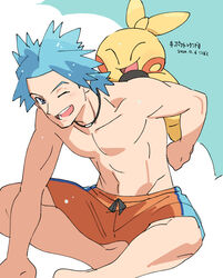  1boy barefoot blue_hair blush brawly_(pokemon) commentary_request dated leaning_forward looking_at_viewer makuhita male_focus nibo_(att_130) one_eye_closed open_mouth pokemon pokemon_(creature) pokemon_on_back pokemon_oras shorts sitting smile teeth tongue topless_male translation_request 