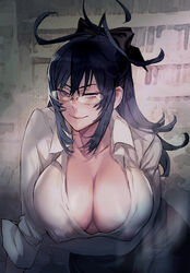  antenna_hair arm_under_breasts black_bow black_hair bow breast_hold breasts cleavage closed_mouth collarbone collared_shirt commentary_request covered_nipples dress_shirt female glasses hair_between_eyes hair_ornament hairbow hamutz_meseta highres large_breasts leaning_forward long_hair long_sleeves looking_at_viewer maeshima_shigeki open_clothes open_shirt partially_unbuttoned photoshop_(medium) purple_eyes shirt sidelocks sleeves_rolled_up smile solo tatakau_shisho white_shirt 