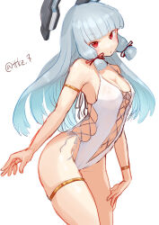  blunt_bangs breasts casual_one-piece_swimsuit cleavage cowboy_shot female floating_headgear grey_hair hair_ribbon headgear highleg highleg_one-piece_swimsuit highres kantai_collection long_hair medium_breasts murakumo_(kancolle) one-hour_drawing_challenge one-piece_swimsuit red_eyes ribbon side-tie_one-piece_swimsuit sidelocks solo swimsuit tetsukuzu_(yajirushi_shita) twitter_username white_one-piece_swimsuit 