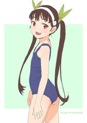  ass bakemonogatari black_hair blue_one-piece_swimsuit female flat_chest hachikuji_mayoi hair_ribbon hairband hiyori_mizuki long_hair looking_at_viewer monogatari_(series) one-piece_swimsuit open_mouth red_eyes ribbon school_swimsuit smile solo swimsuit teeth twintails upper_teeth_only white_hairband 