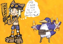  anthro avian bird cate_wurtz clothed clothing disgaea elf english_text hi_res humanoid nippon_ichi_software orange_background paddle penguin prinny simple_background text thief_(disgaea) thought_bubble yaoi_paddle 