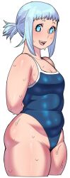  arm_behind_back blue_eyes blue_hair breasts cleavage cowboy_shot cropped_legs elf-san_wa_yaserarenai. female looking_at_viewer medium_breasts medium_hair mero_(elf-san_wa_yaserarenai) one-piece_swimsuit open_mouth paid_reward_available short_ponytail sidelocks simple_background solo swimsuit synecdoche tareme teeth thick_arms thick_thighs thighs upper_teeth_only white_background 