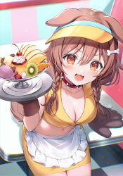  :d animal_ears animal_hands apron arm_support bone_hair_ornament braid breasts brown_hair chair cleavage collar collarbone commentary_request dog_ears dog_girl dog_tail doggy_god&#039;s_street feet_out_of_frame female food from_above fruit gloves hair_ornament highres holding holding_plate hololive indoors inugami_korone kiwi_(fruit) large_breasts long_hair looking_at_viewer midriff momoshiki_tsubaki navel official_alternate_costume open_mouth paw_gloves plate pudding red_collar sitting skirt smile solo spiked_collar spikes tail twin_braids virtual_youtuber visor_cap waist_apron white_apron yellow_eyes yellow_skirt 