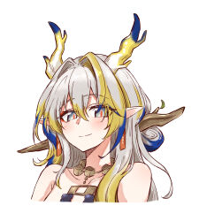  arknights bare_shoulders blonde_hair blue_hair blush closed_mouth collarbone cropped_head dragon_girl dragon_horns earrings female grey_hair hair_between_eyes hair_intakes hair_ornament hair_stick highres horns jewelry looking_at_viewer maiq06 multicolored_hair necklace pointy_ears red_pupils shu_(arknights) sidelocks simple_background smile solo tassel tassel_earrings white_background 