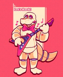  2023 alligator alligatorid animatronic anthro bow_tie crocodilian datbx datbx_(datbx) digital_media_(artwork) electric_guitar english_text fan_character five_nights_at_freddy&#039;s guitar half-closed_eyes hi_res holding_guitar holding_musical_instrument holding_object looking_at_viewer machine male musical_instrument musical_note musical_symbol narrowed_eyes pink_bow_tie pink_eyes playing_guitar playing_music plucked_string_instrument reptile robot robot_anthro scalie scott_cawthon scottgames sharp_teeth smile solo standing string_instrument symbol tail tan_body tan_nose tan_tail teeth text 