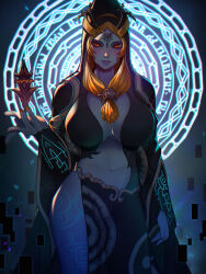  absurdres alternate_breast_size arm_tattoo backlighting black_skin blue_skin blush breasts cleavage colored_sclera colored_skin female floating floating_object front_ponytail glowing_tattoo grey_skin highres huge_breasts leg_tattoo long_hair looking_at_viewer magic_circle midna midna_(true) midriff multicolored_skin orange_hair red_eyes side_slit solo tattoo the_legend_of_zelda the_legend_of_zelda:_twilight_princess thighs two-tone_skin xuuikie_ashe yellow_sclera 