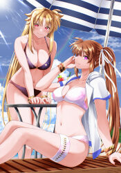  2girls bare_shoulders beach beach_umbrella bikini blonde_hair blue_bikini bracelet breasts brown_hair cleavage closed_mouth collarbone commentary_request day fate_testarossa highres jacket jewelry large_breasts leaning_forward long_hair looking_at_viewer lyrical_nanoha mahou_shoujo_lyrical_nanoha_strikers multicolored_bikini multicolored_clothes multiple_girls navel open_clothes outdoors pink_bikini pink_eyes red_eyes side_ponytail sitting smile sougetsu_izuki standing swimsuit takamachi_nanoha thighs umbrella very_long_hair white_bikini white_jacket 