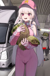  absurdres animal animal_ears blush bodysuit breasts clothes_writing clothing_cutout commentary_request dduck_kong feline female genba_neko_(character) gloves glowstick grey_hair hat helmet highres holding long_hair long_sleeves low_twintails motor_vehicle olive_oil open_mouth original pink_bodysuit pink_eyes pink_gloves pink_hat rabbit_ears red_eyes shigoto_neko shoulder_cutout sparkle super_bunny_(dduck_kong) sweat truck twintails very_long_hair 