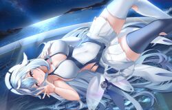  absurdres arm_up armpit_crease asymmetrical_legwear azur_lane bare_shoulders black_thighhighs blue_eyes blue_hair breasts cleavage constellation_(azur_lane) covered_navel dress elbow_gloves female gloves hair_between_eyes halo hand_on_own_chest headgear highres jewelry large_breasts light_blush lingshalan long_hair looking_at_viewer lying lying_on_water miniskirt mismatched_legwear moonlight mountainous_horizon night night_sky ocean on_back ring skirt sky sleeveless sleeveless_dress smile solo star_(sky) starry_sky thighhighs thighs white_dress white_thighhighs wings 