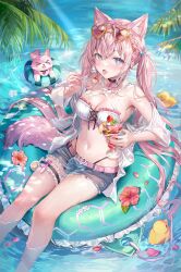  &gt;_&lt; animal_ear_fluff animal_ears antenna_hair apple apple_slice aqua_innertube belt bikini blue_shorts blush braid breasts buckle choker cleavage collarbone commentary criss-cross_halter crown_braid cup day female fingernails flower food frilled_bikini frills fruit glint hair_flowing_over hair_intakes hair_ornament hakui_koyori halterneck heart heart-shaped_buckle heart-shaped_eyewear heart_collar hibiscus highres holding holding_cup holding_spoon hololive ice_cream innertube kokoro_(hakui_koyori) large_breasts legs long_hair looking_at_viewer mint momoko_(momopoco) nail_art nail_polish navel oerba_yun_fang open_mouth orange-framed_eyewear orange_(fruit) orange_slice outdoors palm_tree parfait petals petals_on_liquid pink-tinted_eyewear pink_belt pink_flower pink_gemstone pink_hair pink_nails pouch purple_choker purple_eyes rubber_duck shirt shorts sitting spoon stomach strawberry strawberry_parfait striped_innertube sunglasses swim_ring swimsuit tail test_tube thigh_pouch thigh_strap thighs tinted_eyewear tongue tongue_out tree twintails virtual_youtuber water white_bikini white_shirt wolf_ears wolf_girl wolf_tail 