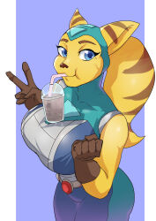  absurd_res alien angela_cross anthro ass balancing belt beverage big_breasts big_butt blue_eyes breasts brown_stripes clothing curvy_figure female fur gesture gloves hair hand_gesture handwear hi_res lombax looking_at_viewer mammal ponytail ratchet_and_clank solo sony_corporation sony_interactive_entertainment stripes thick_thighs tight_clothing unknown_artist v_sign voluptuous yellow_body yellow_fur 