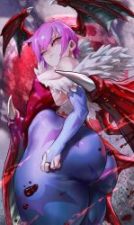  absurdres animal_print ass bare_shoulders bat_print bat_wings blue_pantyhose capcom closed_mouth demon_girl flat_chest head_wings highres huge_ass leotard lilith_aensland noblood_(ryandomonica) pantyhose pink_eyes pink_hair red_leotard red_wings short_hair thick_thighs thighs vampire_(game) wings 