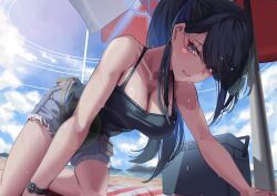  absurdres all_fours bag bare_shoulders beach beach_umbrella black_camisole blue_archive blue_eyes blue_hair blue_halo blue_sky breasts camisole cleavage cloud cloudy_sky comiket_104 commentary_request dappled_sunlight day denim denim_shorts duffel_bag female grey_shorts halo highres kokawaaokawa large_breasts official_alternate_costume outdoors saori_(blue_archive) saori_(swimsuit)_(blue_archive) shorts sky solo sunlight swimsuit umbrella watch wristwatch 