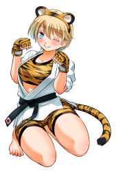  ;) animal_ear_hairband animal_ears animal_print bare_legs barefoot belt black_belt blonde_hair blue_eyes blush breasts closed_mouth commentary_request dougi fake_animal_ears female fingerless_gloves full_body gloves hairband hands_up highres kuzuryuu_irina large_breasts martial_arts_belt mature_female one_eye_closed paw_pose print_gloves seiza short_hair shorts simple_background sitting smile sogabe_toshinori solo sports_bra tail thighs tiger_ears tiger_print tiger_tail white_background yankee_jk_kuzuhana-chan 