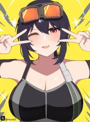  absurdres black_hair black_tank_top breasts cleavage double_v female grace_howard highres huge_breasts large_breasts nearvel orange_eyes solo tank_top twitter_username twitter_x_logo v zenless_zone_zero 