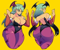  ass blush demon_girl georgewithas green_eyes green_hair highres long_hair morrigan_aensland simple_background smile thick_eyebrows vampire_(game) wide_hips 