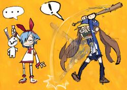  anthro bat_(object) cate_wurtz clothing demon demon_humanoid disgaea ellipsis exclamation_point hat headgear headwear hi_res human humanoid humanoid_pointy_ears kazamatsuri_fuuka lagomorph leporid mammal nippon_ichi_software orange_background pleinair rabbit simple_background usagi-san 