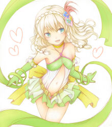  0aoiurn0 :d adapted_costume aged_down alternate_costume aqua_eyes bare_shoulders blonde_hair braid cowboy_shot crown_braid elbow_gloves female gloves green_gloves green_sash hair_ornament heart kyougoku_maria_(sengoku_basara) lolicon long_hair lower_teeth_only sash see-through sengoku_basara side_braids simple_background sleeveless smile solo teeth white_background 