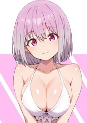  bare_shoulders bikini breasts cleavage closed_mouth collarbone commentary_request female frilled_bikini frills gridman_universe hair_between_eyes highres huge_breasts kamidan looking_at_viewer medium_hair pink_background pink_eyes pink_hair shinjou_akane smile solo ssss.gridman swimsuit two-tone_background upper_body v_arms white_background white_bikini 