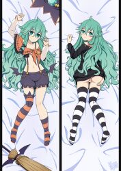  absurdres asymmetrical_legwear black_sweater blush broom broom_riding dakimakura_(medium) date_a_live female gem green_eyes green_gemstone green_hair hair_between_eyes hat highres long_hair long_sleeves looking_at_viewer natsumi_(date_a_live) navel shorts star_(symbol) striped_clothes striped_thighhighs sweater thighhighs uneven_legwear vampysquidart witch_hat 