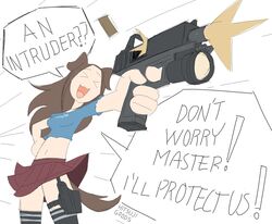  1girls black_stockings blue_shirt brown_hair canine_humanoid cartoony crop_top cute dog dog_ears dog_girl dog_tail female female_anthro firearm fluffy fluffy_tail glock gun gun_holster gunfire hitsujigoods long_hair master pantyshot petite red_skirt shooting short_skirt sketch solo thighhighs twitter_user_oc uwu vhs_doggy violence white_skin 