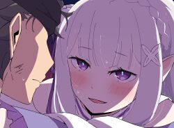  1boy artist_name black_blindfold black_hair blindfold blush commentary_request emilia_(re:zero) female flower grey_hair hair_flower hair_ornament hair_ribbon hey_i_could_have_died_(meme) highres long_hair looking_at_another meme natsuki_subaru nige_jouzu_no_wakagimi parody parted_lips pointy_ears portrait purple_eyes purple_ribbon re:zero_kara_hajimeru_isekai_seikatsu ribbon scene_reference signature slit_pupils sunegg1112 sweat twitter_username white_flower x_hair_ornament 