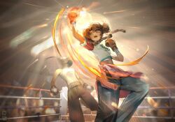  &gt;_o 1boy arm_up artist_logo audience blue_eyes blue_pants blurry blurry_background boxing boxing_gloves boxing_ring braid breasts brown_gloves brown_hair brown_pants clothes_around_waist double_bun face_punch female fighting fire flaming_hand gloves hair_bun hands_up highres in_the_face long_hair maruma_gozu medium_breasts midriff one_eye_closed open_mouth pants punching pyrokinesis reverse:1999 shirt short_sleeves sleeveless sleeveless_shirt spathodea_(reverse:1999) sweat t-shirt teeth twin_braids upper_teeth_only uppercut white_shirt 