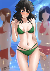  3girls amagami arm_at_side artist_name averting_eyes bare_shoulders bikini black_hair blue_sky blurry blurry_background blush bob_cut bokeh breasts breasts_apart brown_eyes brown_hair collarbone commentary cowboy_shot day depth_of_field embarrassed faceless faceless_female green_bikini hand_up highres long_hair looking_to_the_side lowleg lowleg_bikini medium_breasts medium_hair midriff mori_heichi multiple_girls navel nose_blush ocean outdoors parted_lips playing_with_own_hair red_bikini short_hair shy signature skindentation sky solo_focus sparkle standing swimsuit tanamachi_kaoru thigh_gap wavy_hair 