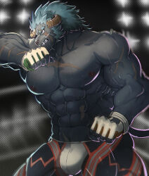  1boy abs bara blurry blurry_background bulge cowboy_shot furry furry_male gloves highres krampus_(housamo) large_pectorals male_focus multiple_scars muscular muscular_male navel neumo nipples pectorals profile scar serious short_hair solo standing stomach strongman_waist sweat thick_eyebrows tokyo_afterschool_summoners topless_male veins wrestling_outfit wrestling_ring 