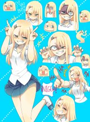  &gt;_&lt; +++ @_@ alternate_hair_color alternate_skin_color aqua_background aqua_eyes asymmetrical_bangs blonde_hair blush claw_pose collared_shirt commentary female grin hair_ornament hairclip hands_up highres ijiranaide_nagatoro-san index_fingers_raised jovanisrk laughing long_hair multiple_views nagatoro_hayase nail_polish o3o open_mouth pleated_skirt pointing shaded_face shirt shoes skirt smile spanish_commentary teeth white_shirt 