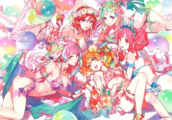  5girls balloon bikini blue_eyes blue_hair breasts cleavage flower freyja_wion frilled_bikini frills green_eyes hair_flower hair_ornament heart jewelry kaname_buccaneer kio_(kio_k2) long_hair looking_at_viewer macross macross_delta makina_nakajima mikumo_guynemer multicolored_hair multiple_girls official_alternate_costume open_mouth purple_hair red_eyes red_hair reina_prowler short_hair side-tie_bikini_bottom smile string_bikini swimsuit very_long_hair walkure_(macross_delta) 