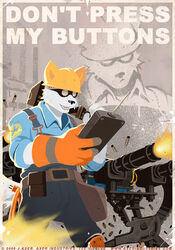 2008 5_fingers armor belt border bullet_case clothed clothing controller engineer_(team_fortress_2) english_text eyewear fingers fully_clothed fur furgonomics gatling_gun gloves goggles grey_body grey_fur gun handwear hard_hat headgear helmet holding_object j_axer machine machine_gun male monkey_wrench open_mouth open_smile overalls ranged_weapon remote_control robot rolled_up_sleeves sentry_gun_(team_fortress_2) shell_(projectile) shirt shooting smile solo team_fortress_2 text topwear turret unknown_character unknown_species valve weapon