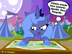 banner crown equid equine female feral friendship_is_magic hasbro headgear horn mammal map melee_weapon moon my_little_pony mythological_creature mythological_equine mythology night paraderpy planning princess_luna_(mlp) road sky solo star sword tent text tiara unicorn war_room weapon