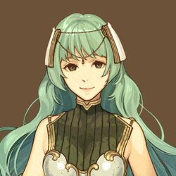  armor bare_shoulders breastplate brown_background commentary_request curly_hair female fire_emblem fire_emblem_echoes:_shadows_of_valentia green_eyes green_hair hair_ornament hidari_(left_side) long_hair official_art simple_background solo tatiana_(fire_emblem) upper_body 