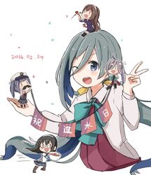  5girls ahoge anniversary asashimo_(kancolle) ashigara_(kancolle) bad_id bad_twitter_id blue_hair bow bowtie commentary_request dated facial_hair fairy_(kancolle) grey_eyes grey_hair hat kantai_collection kasumi_(kancolle) kiyoshimo_(kancolle) long_hair low_twintails mini_person minigirl moustache multicolored_hair multiple_girls one_eye_closed ooyodo_(kancolle) open_mouth pantyhose peaked_cap remodel_(kantai_collection) riz_(ravel_dc) school_uniform sitting sitting_on_head sitting_on_person sitting_on_shoulder thighhighs translation_request twintails v 