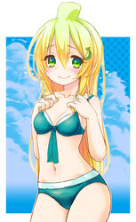  ahoge aqua_bikini banana_(kuromaru9) banana_hair_ornament bikini blonde_hair blue_background blush breasts cloud commentary_request cowboy_shot day female food-themed_hair_ornament front-tie_bikini_top front-tie_top gradient_hair green_eyes green_hair hair_between_eyes hair_ornament hands_on_own_chest highres kuromaru9 light_smile long_hair looking_at_viewer multicolored_hair navel original outline parted_bangs photoshop_(medium) polka_dot polka_dot_background small_breasts smile solo star_(symbol) swimsuit very_long_hair 