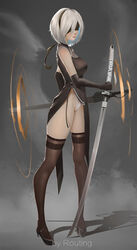  2b_(nier:automata) absurdres bare_shoulders black_blindfold black_dress black_footwear black_gloves black_hairband blindfold bob_cut breasts brown_thighhighs bun_cover china_dress chinese_clothes closed_mouth commentary covered_eyes covered_navel dress dual_wielding female full_body gloves groin hairband highleg highleg_leotard highres holding holding_sword holding_weapon katana legs_apart leotard leotard_under_clothes medium_breasts navel nier:automata nier_(series) no_mole nose pelvic_curtain pigeon-toed pink_lips routing-zhengyi shadow short_hair side_slit solo standing sword thighhighs turtleneck type-4o_sword virtuous_contract weapon white_hair white_leotard 