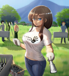  3boys annoyed black_hair blonde_hair blue_hair blue_pants blue_sky blush box bra bra_visible_through_clothes breasts brown_hair charcoal covered_navel day denim disciplinary_committee-chan_(maku_ro) female fence field gloves grass grey_shirt grill holding holding_tongs jeans large_breasts long_hair looking_at_viewer maku_ro midriff midriff_peek mount_fuji multiple_boys multiple_others orange_shirt original outdoors pants see-through shadow shirt short_sleeves sidelocks sky solo_focus t-shirt tongs tree underwear v-shaped_eyebrows white_gloves white_shirt 