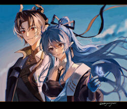  1boy arknights bandeau black_bandeau black_jacket black_necktie black_ribbon blonde_hair blue_butterfly blue_eyes blue_hair brother_and_sister brown_hair bug butterfly chinese_commentary chong_yue_(alighting)_(arknights) chong_yue_(arknights) closed_mouth colored_extremities commentary_request dragon_girl dragon_horns earrings female hair_between_eyes hair_intakes hair_ribbon hand_up highres horns jacket jewelry letterboxed ling_(arknights) ling_(towering_is_cliff_of_nostalgia)_(arknights) long_hair looking_at_viewer necktie official_alternate_costume pointy_ears red_eyes ribbon siblings smile upper_body weiguang651 wind 