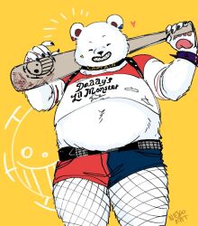  anthro baseball_bat bat_(object) batman_(series) bear belly bepo_(one_piece) bottomwear choker clothed clothing cosplay crop_top dc_comics ear_piercing ear_ring fishnet_clothing fishnet_legwear fur harley_quinn heart_symbol hotpants jewelry legwear male mammal midriff necklace nekokat42 one_piece overweight pawpads piercing polar_bear ring_piercing shirt shorts skimpy smile solo topwear ursine white_body white_fur 