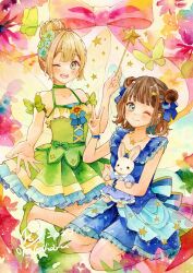  2girls :d artist_name bare_shoulders blonde_hair blue_bow blue_dress blue_eyes bow breasts brown_hair bug butterfly closed_mouth copyright_request dated double_bun dress flower flower_request frilled_dress frills full_body green_bow green_dress green_eyes green_flower green_footwear hair_bun hair_flower hair_ornament hairbow high_heels highres holding holding_wand jewelry kneeling multiple_girls necklace open_hand open_mouth painting_(medium) pink_bow pom_pom_(clothes) small_breasts smile star_(symbol) star_hair_ornament star_wand stuffed_animal stuffed_rabbit stuffed_toy teeth three_quarter_view traditional_media upper_teeth_only v wand watercolor_(medium) yellow_flower yuyuharu_1027 